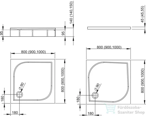 Radaway Delos C 90x90 szögletes zuhanytálca ST 90 zuhanyszifonnal és levehető előlappal 4C99170-03