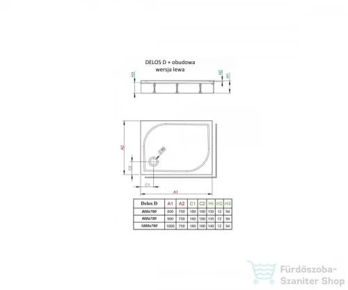 Radaway Delos D 90x75 szögletes zuhanytálca ST 90 zuhanyszifonnal és levehető előlappal jobbos 4D97514-03R