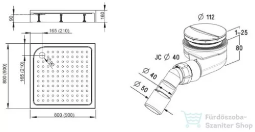 Radaway Rodos C 80x80 szögletes zuhanytálca ST 90 zuhanyszifonnal 4K88155-04