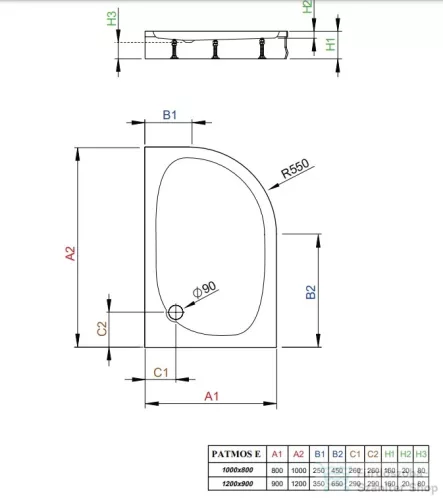 Radaway Patmos E 120x90 íves aszimmetrikus zuhanytálca ST 90 zuhanyszifonnal és levehető előlappal balos 4P91217-03L