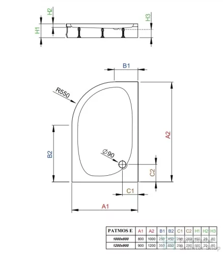 Radaway Patmos E 120x90 íves aszimmetrikus zuhanytálca ST 90 zuhanyszifonnal és levehető előlappal jobbos 4P91217-03R