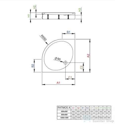 Radaway Patmos A 80x80 íves zuhanytálca ST 90 zuhanyszifonnal és levehető előlappal 4S88155-03