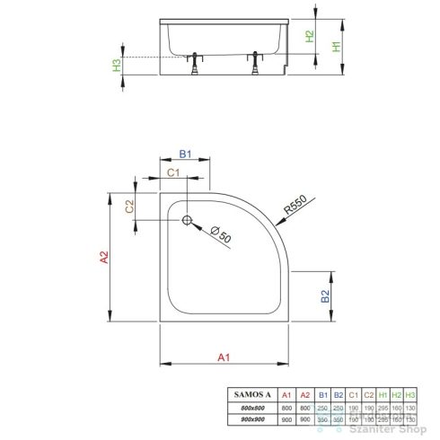 Radaway Samos A 90x90 íves magasított zuhanytálca ST 50 zuhanyszifonnal és levehető előlappal 4S99300-03