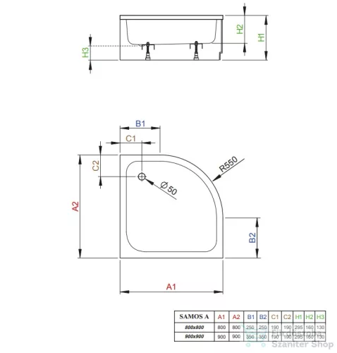 Radaway Samos A 90x90 íves magasított zuhanytálca ST 50 zuhanyszifonnal és levehető előlappal 4S99300-03