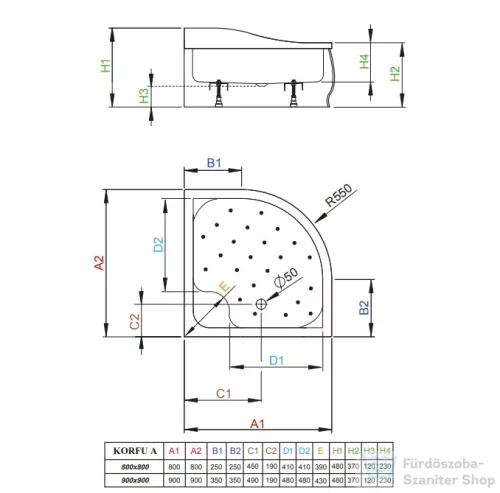 Radaway Korfu A 90x90 íves magasított zuhanytálca 4S99400-03