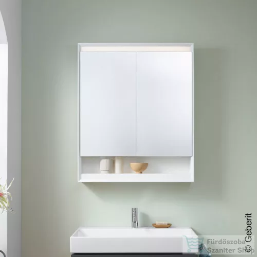 Geberit ONE 75x90 cm-es kétajtós tükrös szekrény ComfortLight világítással,nyitott polccal,fehér/porszórt alumínium 505.832.00.2