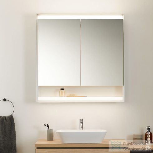 Geberit ONE 90x90 cm-es kétajtós tükrös szekrény ComfortLight világítással,nyitott polccal,eloxált alumínium 505.833.00.1