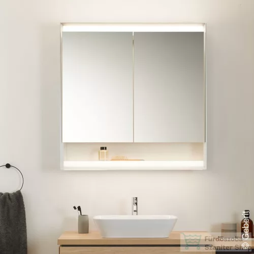 Geberit ONE 90x90 cm-es kétajtós tükrös szekrény ComfortLight világítással,nyitott polccal,fehér/porszórt alumínium 505.833.00.2