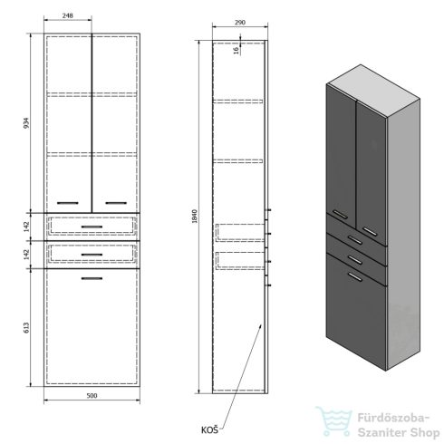 AQUALINE ZOJA állószekrény fiókkal, szennyeskosárral, 50x184x29cm, platina tölgy 51295
