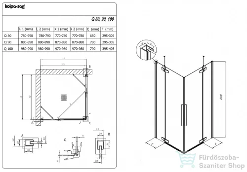 Kolpa San Polaris Q 90 SBR/1 szögletes nyílóajtós zuhanykabin, króm  515320
