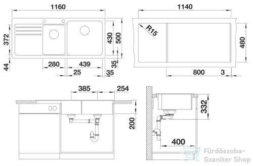 Blanco NAYA 8 S 116x50 cm-es SILGRANIT® mosogató medence, bal oldali csepegtetővel, fekete 525946