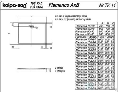 Kolpa San FLAMENCO 160x70 cm-es zuhanytálca előlappal, szifon nélkül, fehér 534580