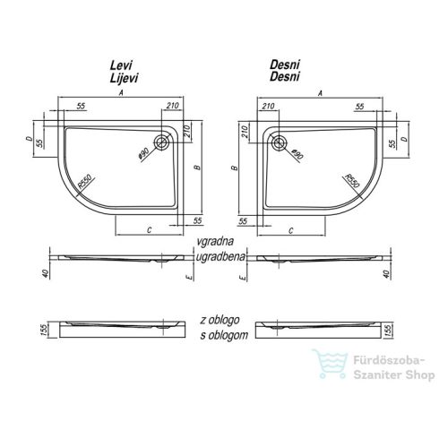 Kolpa San Malur 100x80/O-D aszimmetrikus íves zuhanytálca előlappal 537060