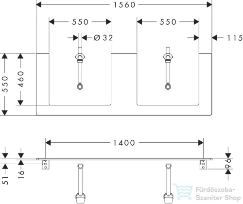 Hansgrohe Xelu Q 156x55 cm-es pult Xelu szekrényhez két kivágással,természetes tölgy 54112230