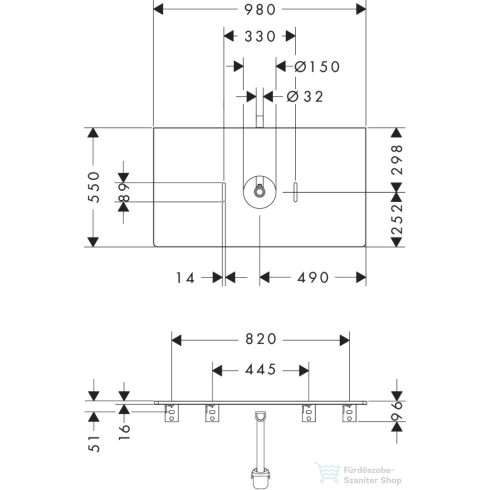 Hansgrohe Xelu Q 98x55 cm-es pult Xelu szekrényhez középkivágással,csaplyuk nélküli mosdóhoz,fényes fehér 54114050