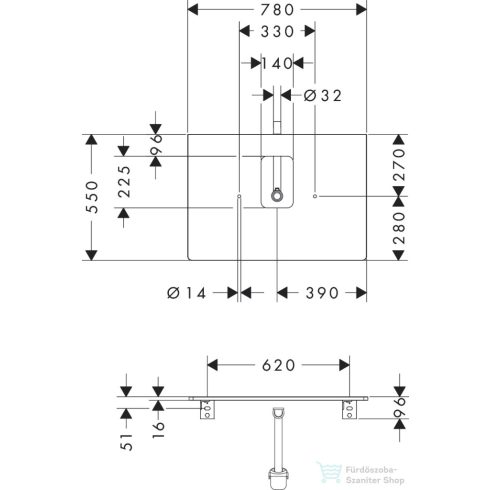Hansgrohe Xelu Q 78x55 cm-es pult Xelu szekrényhez középkivágással,csaplyukas mosdóhoz,fényes fehér 54120050
