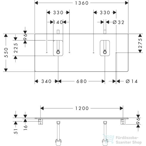 Hansgrohe Xelu Q 136x55 cm-es pult Xelu szekrényhez két kivágással,csaplyukas mosdóhoz,természetes tölgy 54125230