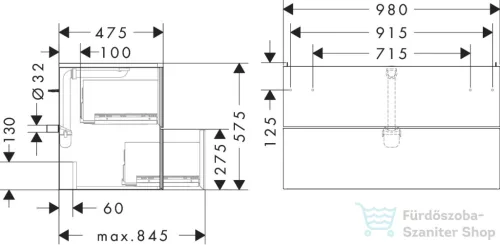 Hansgrohe XEVOLOS E 98x47,5 cm-es 2 fiókos fali szekrény mosdó nélkül,matt fehér/texturált bronz 54181390