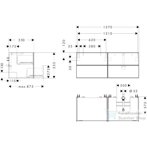 Hansgrohe XEVOLOS E 137x55 cm-es 4 fiókos fali szekrény pult nélkül,jobbos kivágású pulthoz,matt palaszürke/sötét tölgy 54241730