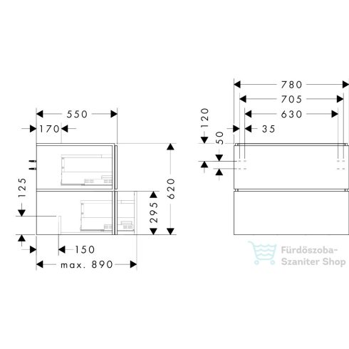 Hansgrohe XILESA E 78x55 cm-es, 2 fiókos, fali mosdótartó szekrény pulthoz, matt palaszürke 54299760