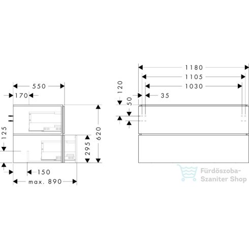 Hansgrohe XILESA E 118x55 cm-es, 2 fiókos, fali mosdótartó szekrény pulthoz, push open fiókokkal, kasmír tölgy 54304550
