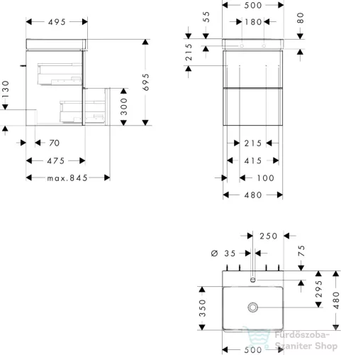 Hansgrohe XELU Q 48x47,5 cm-es mosdó és 2 fiókos alsószekrény kombináció, természetes tölgy/króm 54370000