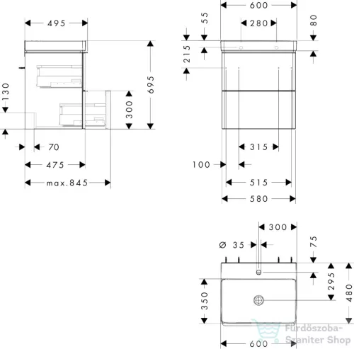 Hansgrohe XELU Q 58x47,5 cm-es mosdó és 2 fiókos alsószekrény kombináció, matt gyémántszürke/matt fekete 54372670