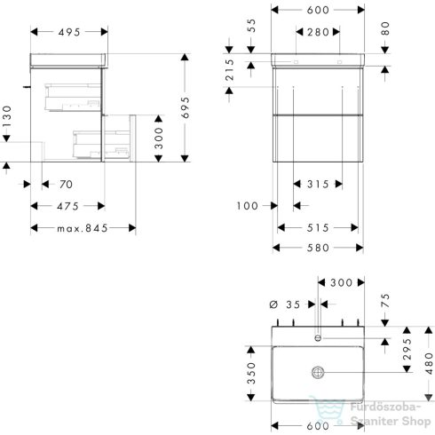 Hansgrohe XELU Q 58x47,5 cm-es mosdó és 2 fiókos alsószekrény kombináció, természetes tölgy/króm 54373000