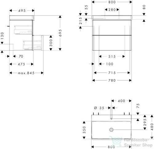 Hansgrohe XELU Q 78x47,5 cm-es mosdó és 2 fiókos alsószekrény kombináció, fényes fehér/króm 54374000