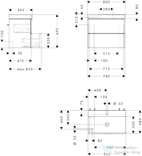 Hansgrohe XELU Q 78x47,5 cm-es 2 furatos mosdó és 2 fiókos alsószekrény kombináció, fényes fehér/króm 54377000