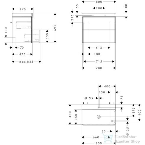 Hansgrohe XELU Q 78x47,5 cm-es 2 furatos mosdó és 2 fiókos alsószekrény kombináció, fényes fehér/króm 54380000