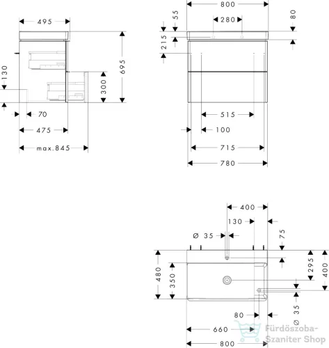 Hansgrohe XELU Q 78x47,5 cm-es 2 furatos mosdó és 2 fiókos alsószekrény kombináció, természetes tölgy/króm 54382000