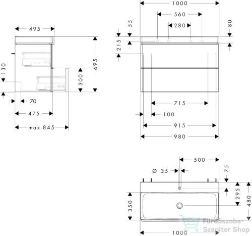 Hansgrohe XELU Q 98x47,5 cm-es mosdó és 2 fiókos alsószekrény kombináció, matt gyémántszürke/matt fekete 54384670