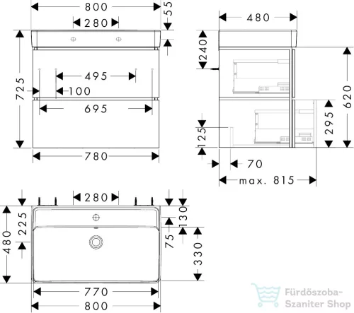 Hansgrohe XILESA E 78x47 cm-es, 2 fiókos alsó szekrény Xanuia Q mosdóval, kasmír tölgy 54397550