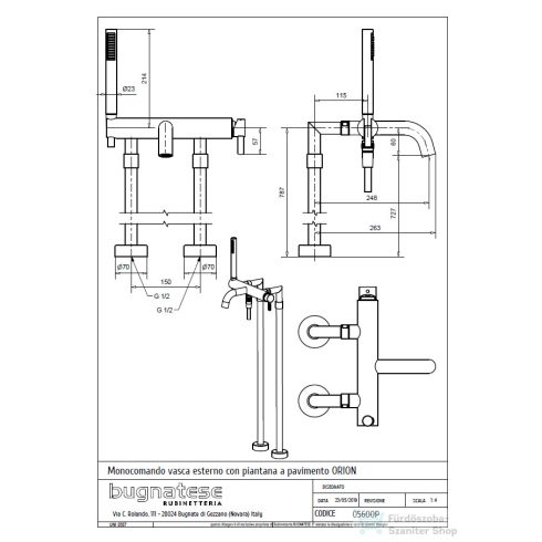 Bugnatese ORION szabadon álló kádtöltő csaptelep kézizuhannyal,szálcsiszolt nikkel 5602PNS