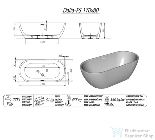 Kolpa San DALIA-FS 170x80 cm térbenálló kád , fehér  561140