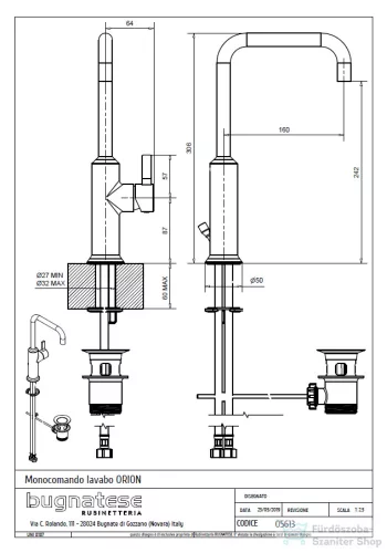 Bugnatese ORION magasított mosdó csaptelep automata leeresztővel,szálcsiszolt nikkel 5613NS