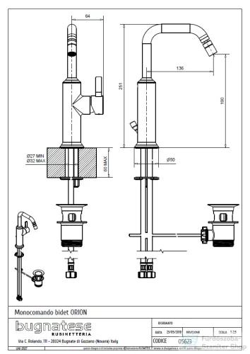 Bugnatese Orion bidet csaptelep automata leeresztővel,szálcsiszolt arany 5623OS
