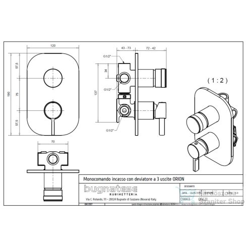 Bugnatese Orion falsík alatti 3 utas kád/zuhany csaptelep,szálcsiszolt arany 5631OS