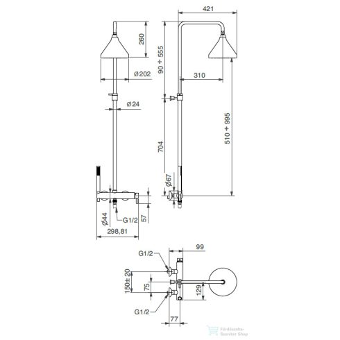 Bugnatese ORION zuhanyrendszer 20 cm-es fejzuhannyal,zuhanyszettel,szálcsiszolt arany 5642COS
