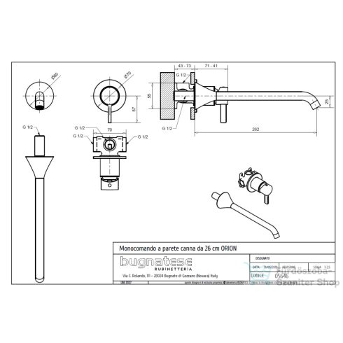 Bugnatese ORION falsík alatti mosdó csaptelep 26 cm-es kifolyóval,click-clack leeresztővel,szálcsiszolt arany 5646SCOS