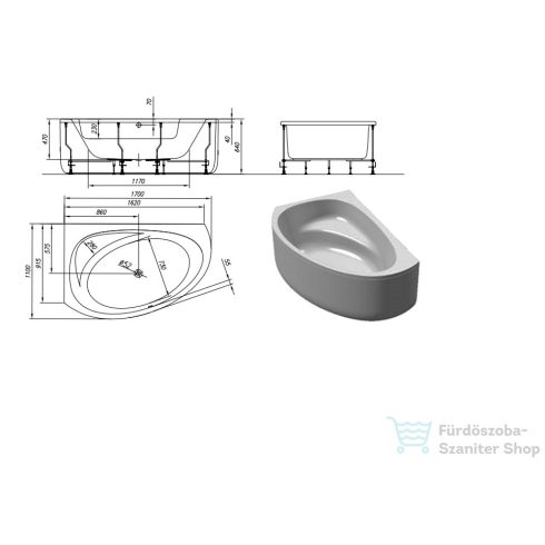 Kolpa San Libretto 170x110 beépíthető asszimetrikus sarokkád, jobbos 565250