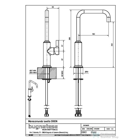 Bugnatese ORION álló mosogató csaptelep,szálcsiszolt nikkel 5682NS