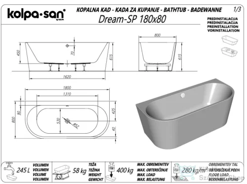 Kolpa San DREAM-SP 180x80 cm-es falhoz tolható térkád fehér leeresztővel, fényes fehér 570390