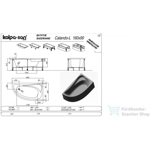 Kolpa San Calando 160x90 aszimmetrikus kád, jobbos 570760