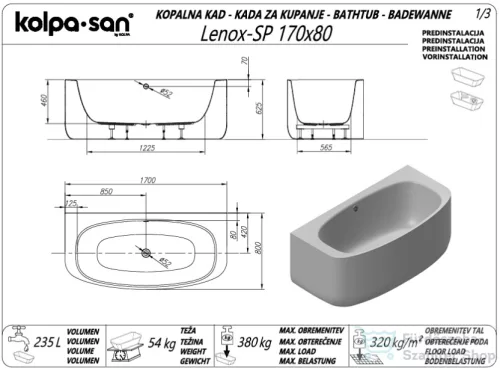 Kolpa San LENOX SP 170x80 cm-es falhoz tolható térkád fehér leeresztővel, fényes fehér 574850