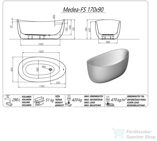 Kolpa San MEDEA-FS 170x90 cm térbenálló kád , fényes fehér 574860