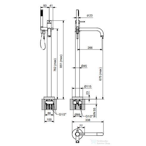Bugnatese Kline szabadon álló kádtöltő csaptelep alaptesttel és zuhanyszettel,sárgaréz 5760ON