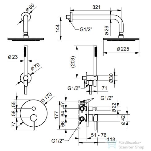 Bugnatese Kline falsík alatti komplett zuhanyrendszer 22,5 cm-es esőztetővel,belső egységgel,zuhanyszettel,szálcsiszolt arany 5774OS