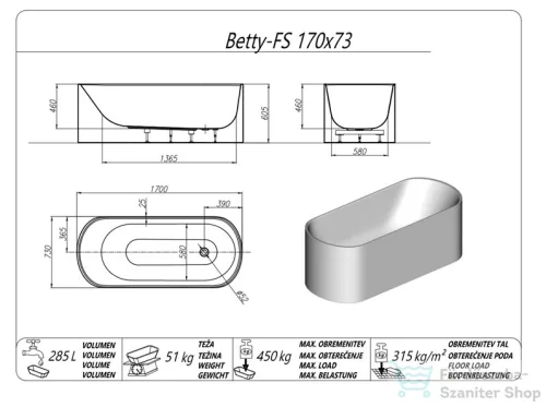 Kolpa San BETTY-FS 170x73 cm térbenálló kád , fényes fehér 577600
